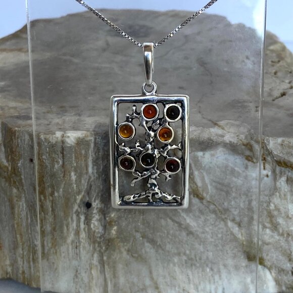 Sterling Silver 925 Multicolored Baltic Amber Tree Of Life Pendant Necklace 18" - Picture 7 of 16